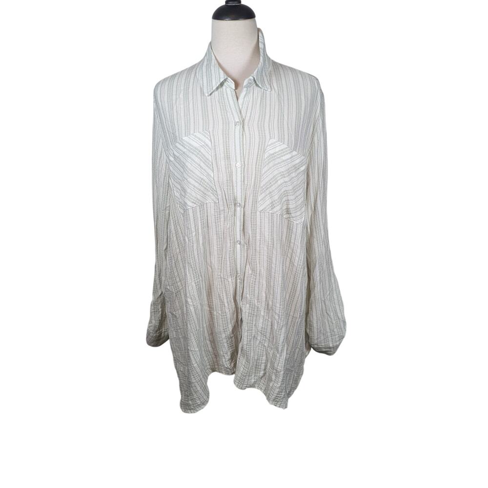 Cato EST. 1946 Size XL Green & White Striped Button Up Tunic Top Blouse